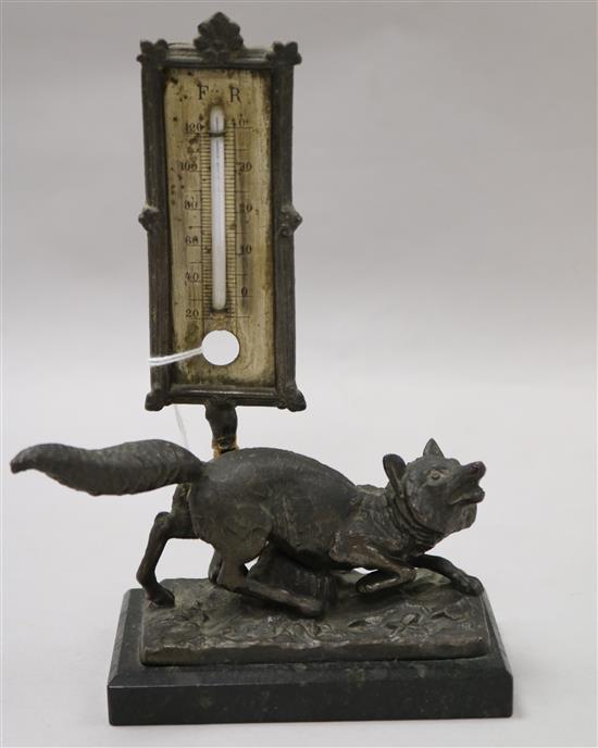 A Victorian bronze fox desk thermometer